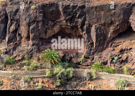 Barranco y Canal de Fataga, irrigation canal in a ravine, Fataga, San Bartolome de Tirajana, Las Palmas province, Gran Canaria, Canary Islands Stock Photo