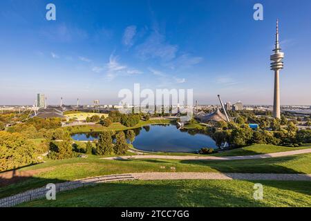 Olympic Park with Olympic Stadium, Olympic Lake and Olympic Tower in Munich, Bavaria, Germany Stock Photo