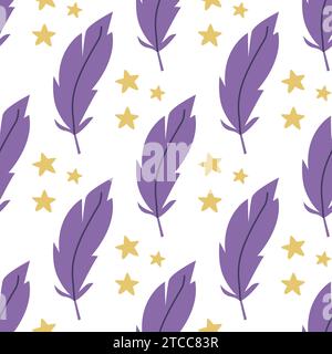 Magic feathers and stars background. Beautiful starry seamless pattern. Simple hand drawn print for textile, digital paper, packaging and fabric Stock Vector