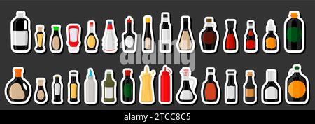 Illustration on theme big kit varied glass bottles filled liquid balsamic vinegar, bottles consisting from balsamic vinegar, empty labels for titles, Stock Vector