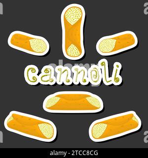 Illustration on theme big set different types sweet waffles Sicilian dessert cannoli, waffle crispy straw filled with ricotta cheese, wafer cannolo wi Stock Vector