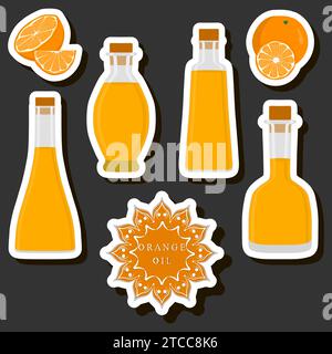 Illustration on theme big set different types liquid oil, bottle various size, collection meal oil for organic health beverage in bottle, oil in exclu Stock Vector