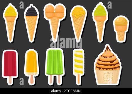 Illustration on theme big kit ice cream popsicle different types in cone waffle cup, ice cream consisting of tasty popsicle on cone waffle cup, popsic Stock Vector