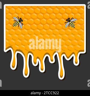 Drop of bee honey drip from hexagonal honeycombs filled with golden nectar, honeycombs summer composition consisting of drop natural honey, drip on wa Stock Vector