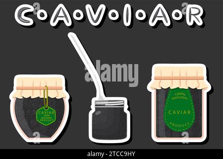 Illustration on theme big set various types fish caviar, glass jar different size Stock Vector