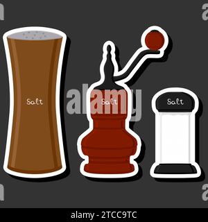 Illustration on theme big set different types ware filled salt for organic cooking, salt in shaker for restaurant menu Stock Vector