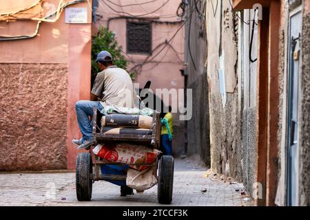 Marrakech, Morocco: Moroccan man transports concrete sacks on a two wheels cart pulled by a donkey inside a Marrakech Medina street. Stock Photo