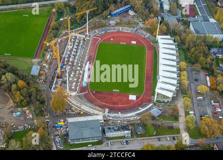 Aerial view, Lohrheidestadion soccer pitch and athletics stadium of SG Wattenscheid 09, construction site with new west stand, Leithe, Bochum, Ruhr ar Stock Photo