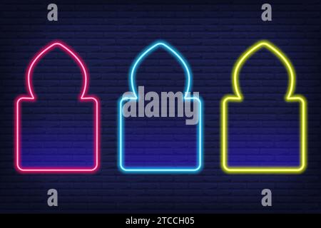 Ramadan islamic frame. Vector neon arch shape on dark background. Muslim door and window. Arabian bright template set. Stock Vector
