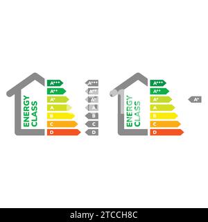 Energy efficiency class vector label. Electricity effective house bar chart icon. Stock Vector