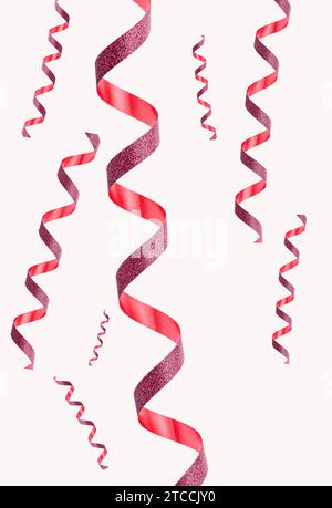 A set of assorted red ribbons, holiday decorations. Confetti isolated on pink background. Stock Photo