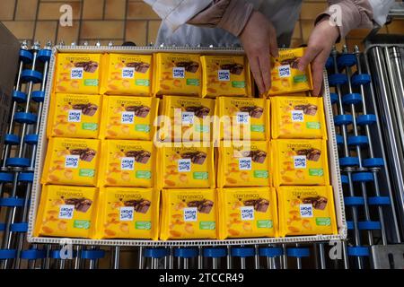 Waldenbuch, Germany. 07th Dec, 2023. An employee of Alfred Ritter GmbH & Co. KG, sorts chocolate bars in production at the headquarters. Credit: Marijan Murat/dpa/Alamy Live News Stock Photo