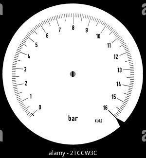 Round white and analog measuring scale for pressure with values 0 to 16 and an accuracy class KL 0.6 isolated on a black background. Stock Photo