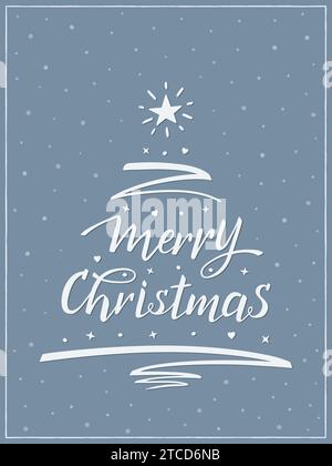 Merry Christmas greeting card with hand lettering, modern brush calligraphy. A Christmas tree is made from the text, pen stroke, star and decorations. Stock Vector