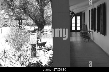 Veranda and garden of a traditional old Hungarian peasant house in the ...