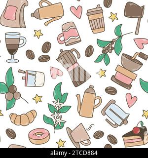 Coffee mania seamless pattern vector illustration. Background with coffee beans, cappuccino, takeaway coffee, coffeemaker, coffee grinder, sugar Stock Vector