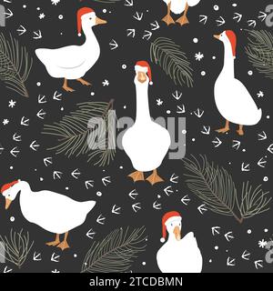 Seamless pattern of geese and geese paws imprints. Winter background with snow and pine branches. Vector illustration in cartoon style. Stock Vector