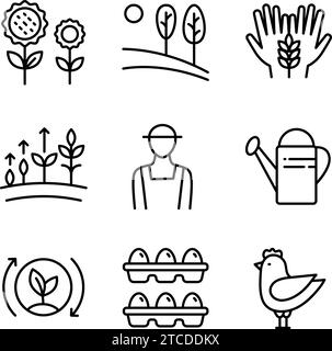 Vector set of logos, badges and icons for natural farm and health products. Farmer icons set. Outline set of farmer vector icons for web design isolat Stock Vector