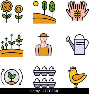 Vector set of logos, badges and icons for natural farm and health products. Farmer color icons set. Outline set of farmer vector icons for web design Stock Vector