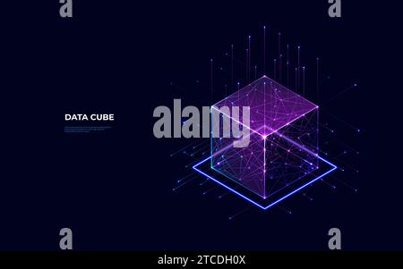 Abstract digital data cube in technology futuristic wireframe style. Stock Vector
