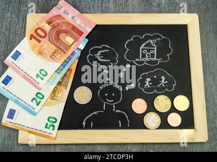 man with thought bubbles 'Euros, house, children' on a slate, symbolic image for building child benefit Stock Photo