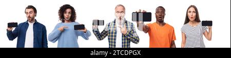 Collage of photos of men and women with horizontal smartphone mockup Stock Photo