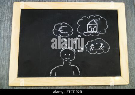 man with thought bubbles 'Euros, house, children' on a slate, symbolic image for building child benefit Stock Photo