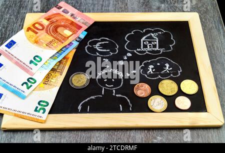 man with thought bubbles 'Euros, house, children' on a slate, symbolic image for building child benefit Stock Photo