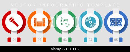 Multimedia flat design icon set, miscellaneous icons such as microphone, stereo equipment, vinyl and speakers, vector infographic template, web button Stock Vector