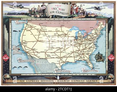 Vintage american travel poster - Railway Express Agency Inc. Air Express Division,1941 - Illustrated map of America Stock Photo