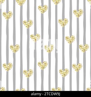 Gold glittering heart confetti seamless pattern on grey striped background. Vector seamless background Stock Vector