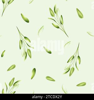 Watercolor seamless pattern illustration with fresh sage leaves isolated on white background. Detail of beauty products and botany set, cosmetology an Stock Photo