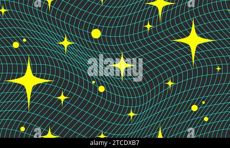 Retro Futuristic Wavy Grid and Abstract Shapes Seamless Pattern. Wireframe Avant-Garde Print in Neon Green and Yellow Colors. Polygonal 3d Surface, Vector Illustration. Stock Vector