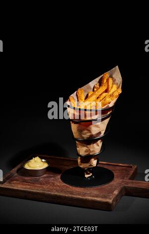 delicious crispy French fries inside of paper cone near dipping sauce on wooden cutting board Stock Photo