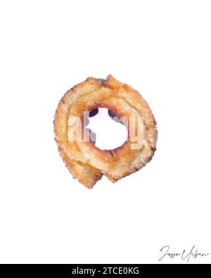 A close-up view of a single chocolate donut with a layer of white sugar and a dollop of white milk on top Stock Photo