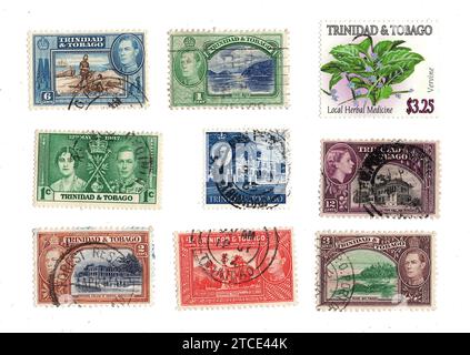 Vintage postage stamps from Trinidad and Tobago isolated on a white ...