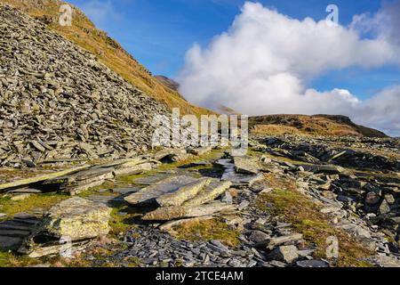 Slate quarry on historic Miners Track from Rhyd Ddu to Bwlch Cwm Llan in Snowdonia National Park. Rhyd Ddu, Gwynedd, north Wales, UK, Britain Stock Photo
