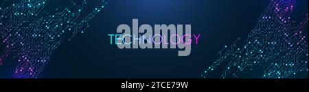 Technology modern blue horizontal banner template with circuit board texture. Quantum computer technologies concept. Horizontal header web banner Stock Vector