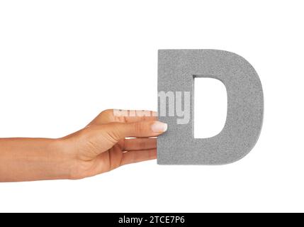 Hand of woman, capital letter D and presentation of consonant isolated on white background. Character, font and palm with English alphabet typeface Stock Photo