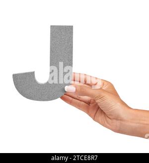 Hand of woman, capital letter J and presentation of consonant isolated on white background. Character, font and palm with English alphabet typeface Stock Photo