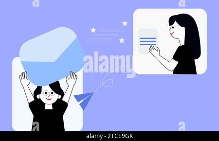 Vector illustration of newsletter sending, email marketing. Online support, email. Business women, teamwork Stock Vector