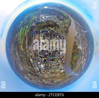 Luftbild, Chempark Leverkusen Chemiepark ehemals Bayerwerk am Fluss Rhein, Industrieanlage, umgeben von herbstlichen Laubbäumen, Erdkugel, Fisheye Aufnahme, Fischaugen Aufnahme, 360 Grad Aufnahme, tiny world, little planet, fisheye Bild, Wiesdorf, Leverkusen, Rheinland, Nordrhein-Westfalen, Deutschland ACHTUNGxMINDESTHONORARx60xEURO *** Aerial view, Chempark Leverkusen Chemical Park formerly Bayer plant on the river Rhine, industrial plant, surrounded by autumnal deciduous trees, earth globe, fisheye image, fisheye image, 360 degree image, tiny world, little planet, fisheye image, Wiesdorf, Le Stock Photo