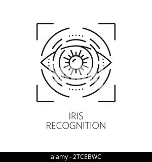 Iris recognition, identification, and verification icon. Isolated vector linear sign, outline symbol of biometric technology that identifies individuals by analyzing the unique patterns in their iris Stock Vector