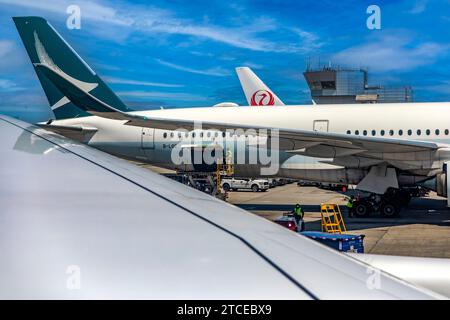 New York, USA; May 31, 2023: The latest generation of wide-body commercial airliners parked at John F. Kennedy International Airport in New York's Big Stock Photo