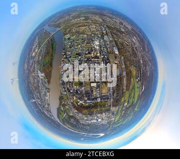 Luftbild, Chempark Leverkusen Chemiepark ehemals Bayerwerk am Fluss Rhein, Industrieanlage, umgeben von herbstlichen Laubbäumen, Erdkugel, Fisheye Aufnahme, Fischaugen Aufnahme, 360 Grad Aufnahme, tiny world, little planet, fisheye Bild, Wiesdorf, Leverkusen, Rheinland, Nordrhein-Westfalen, Deutschland ACHTUNGxMINDESTHONORARx60xEURO *** Aerial view, Chempark Leverkusen Chemical Park formerly Bayer plant on the river Rhine, industrial plant, surrounded by autumnal deciduous trees, earth globe, fisheye image, fisheye image, 360 degree image, tiny world, little planet, fisheye image, Wiesdorf, Le Stock Photo