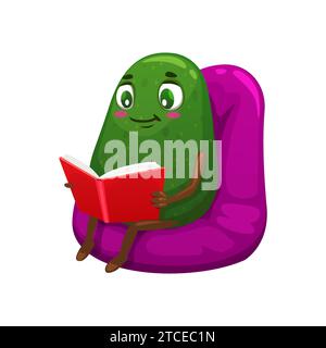 Cartoon Mexican avocado character reading a book. Tropical fruit isolated vector funny personage or mascot. Education concept with funny avocado character reading novel book in bean chair Stock Vector