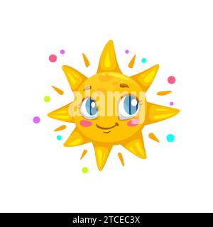 Cartoon summer sun character, sunny emoji face or sunshine smile emoticon vector icon. Happy cute kawaii sun shining smiling with rainbow rays, baby kids comic summer sun emoji character Stock Vector