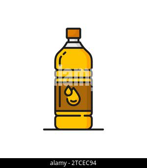 Rapeseed, canola oil icon, features a slender, yellow plastic bottle with a drop label, showcasing golden liquid, representing its use in cooking and food preparation. Isolated vector thin line sign Stock Vector