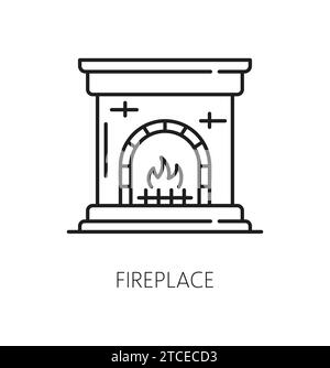 Fireplace outline icon. Isolated vector linear sign, features a warm hearth with flickering flames, offering a cozy ambiance and comfort. Line art symbol of home heating and warmth Stock Vector