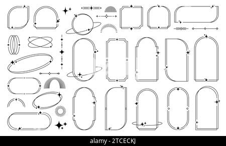Frames and minimal line borders with star sparkles and twinkles or arch shapes, vector linear elements. Simple minimal outline frames and line art borders or arcs with celestial magic star sparkles Stock Vector